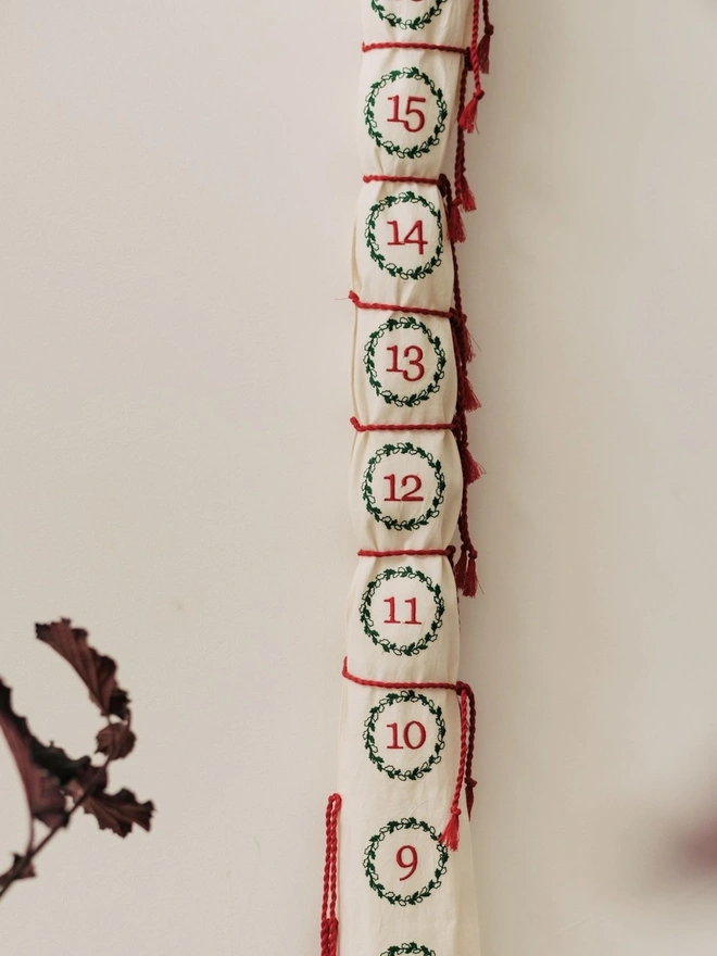 Embroidered Holly Red & Green 'Dorte' Fabric Advent Calendar