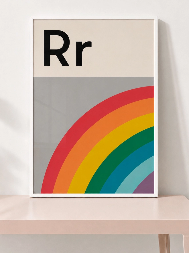 A colorful educational poster featuring the letter 'R' and a rainbow, with a grey background 