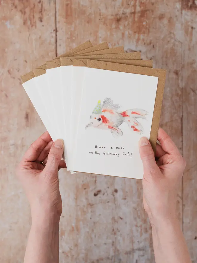 Set of 6 mixed Animal Party Birthday card featuring a Birthday Goldfish card