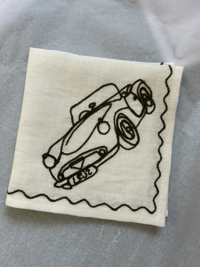 Embroidered Car Linen Handkerchief, a personalised handkerchief with a car motif. 