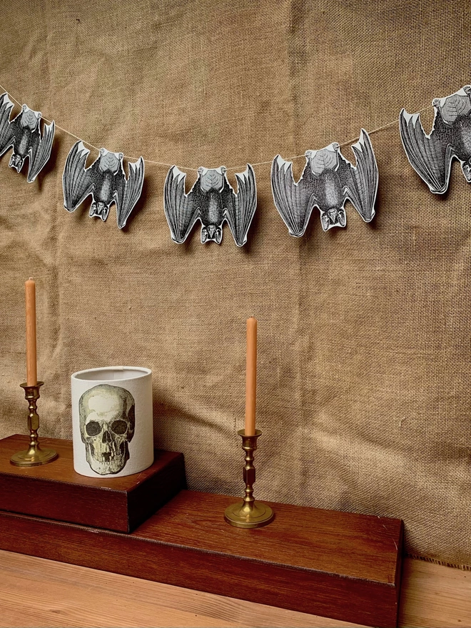 Bat bunting and a skull candle lantern