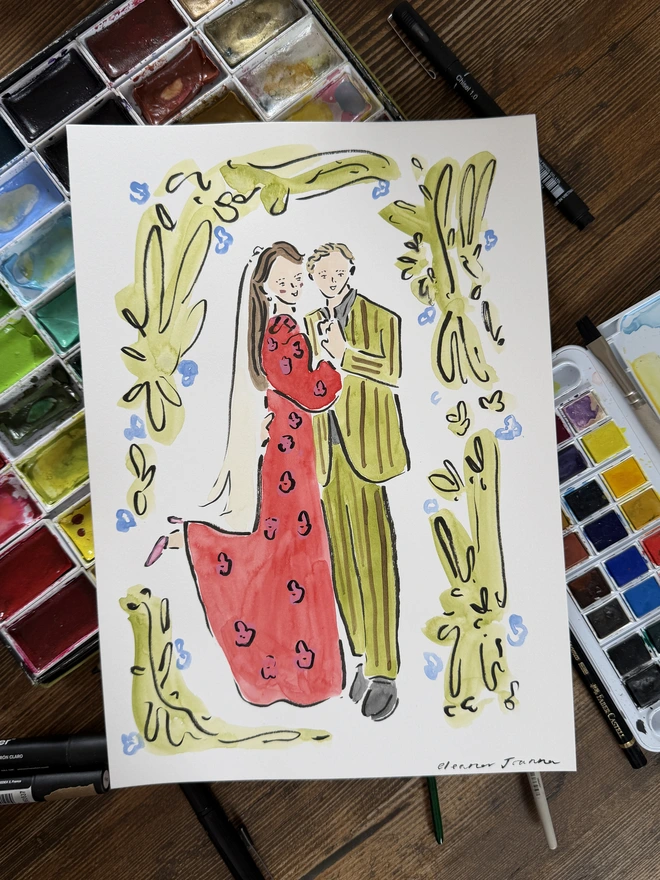 Personalised Portrait A4 - couple red dress and green suit