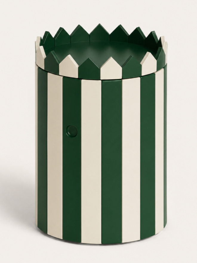 Striped Barrel Table & Large Tray Set. A barrel table and tray set in forest green