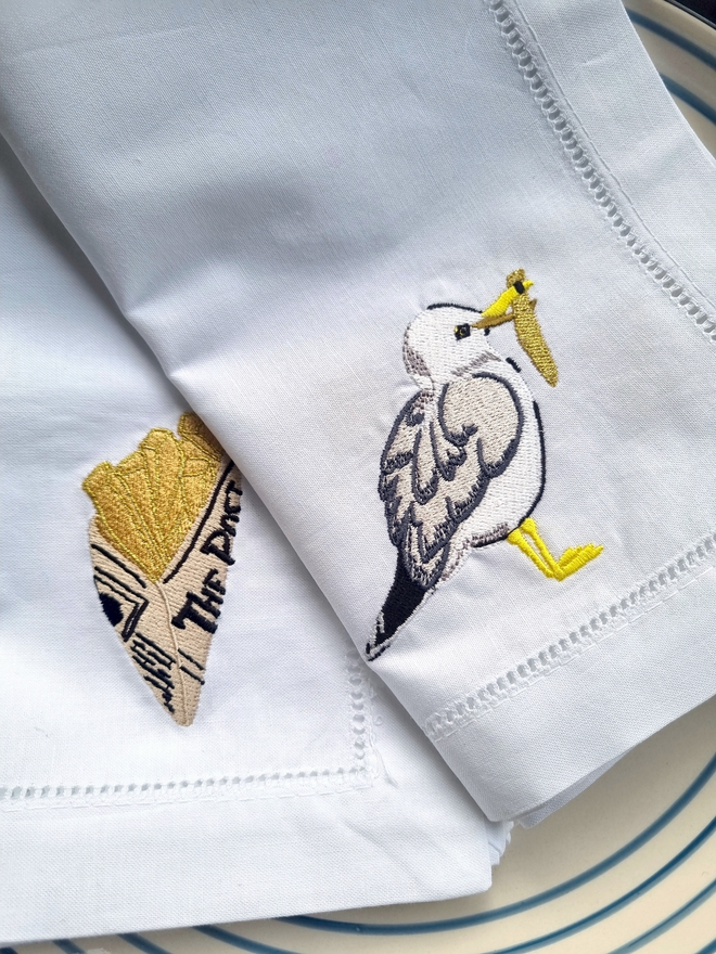 seagull and chip embroidered napkins