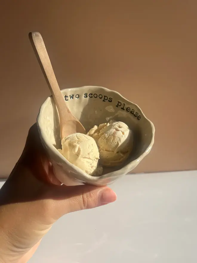 'Two Scoops Please' Small Bowl, with ice cream and spoon, held by hand. 