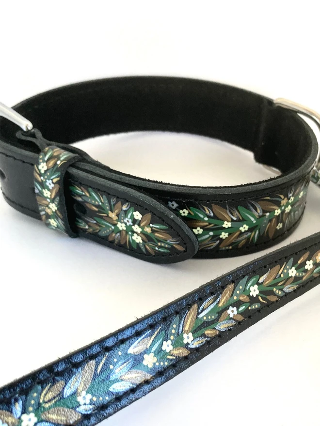 hand panted leather floral matching collar and lead