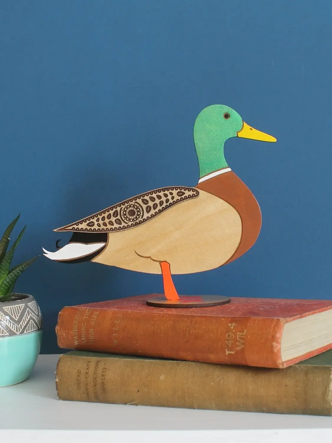 Standing Wooden Mallard Duck, wooden bird decoration standing on a platform. 