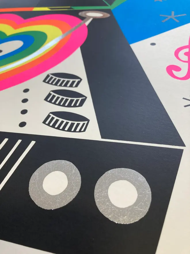 'Love On Loud' Screenprint, a colourful screenprint. The screenprint says 'Love on loud' and is a depicting a record player. 