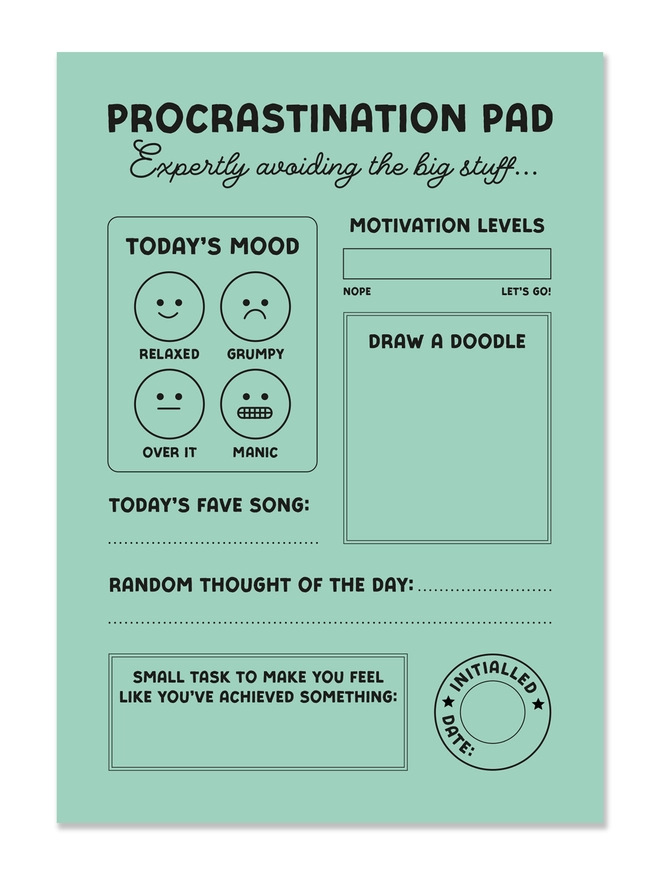 Image of a blue/green notepad with the heading "Procrastination Pad, expertly avoiding the big stuff"