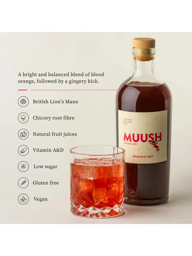 Rhubarb & Apple Elixir, an infographic detailing the drinks contents and benefits. 