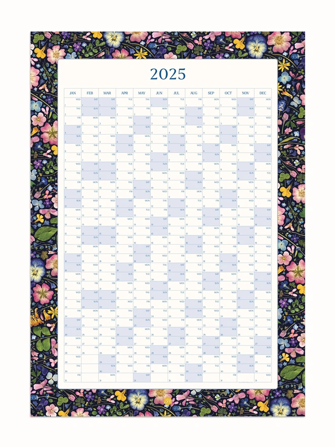 Pressed flower yearly wall planner. A 2025 calendar with a pretty floral design. Perfect for the home office or studio.