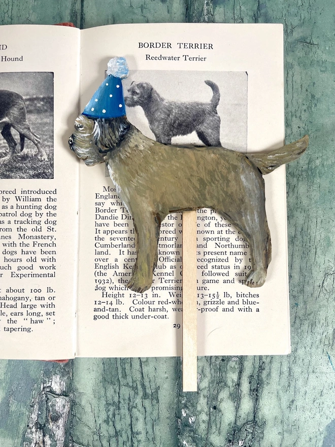 Border Terrier Hand Painted Wooden Cake Topper with a blue hat