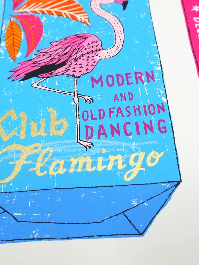 Shall We Dance Poodle And Flamingo Sugar Cubes Screenprint, a white screenprint with a pair of colourful box designs in the centre. 