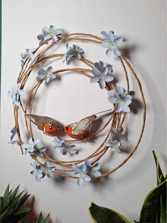 Handmade robin duo sculptural wall art featuring two birds 