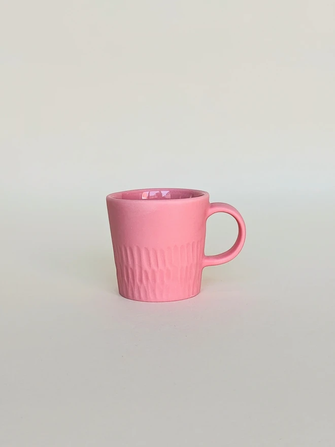 Tiny Porcelain Espresso Cup Milkshake Pink Hand Carved Scalloped Texture