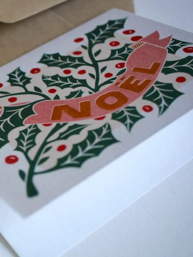 noel holly leaves christmas card