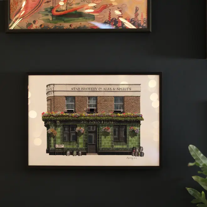 Greenwich The Pelton Arms Pub Giclée Print (Unframed), a print of a brown and green pub sitting against a black backdrop. 