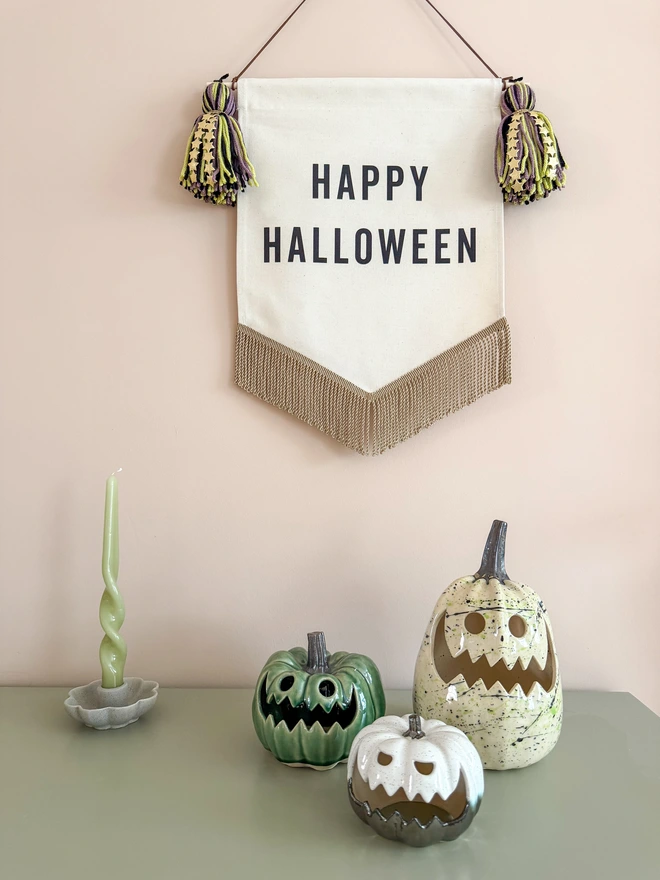 Happy Halloween Handmade Fabric Banner with Purple, black and green tassels with star detail and gold bullion trim