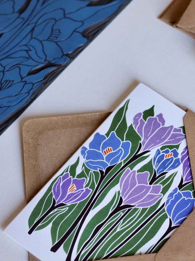 high quality purple and blue crocus bloom flower notecard set with Kraft envelopes