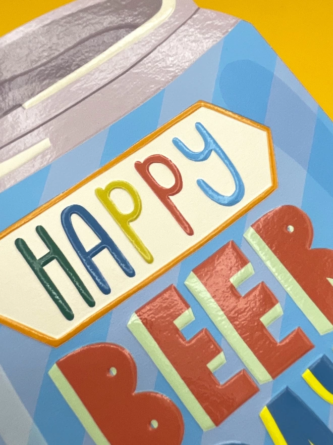 A closer look at the detail on the die cut birthday card, the card has a spot UV finish so the multi-coloured birthday message really pops