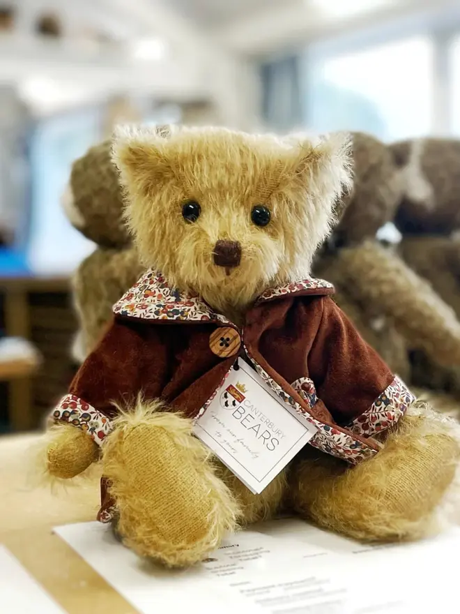 Brown teddy bear wearing a burgundy cloak with flower details and a brown button, sitting upright against a plain background.