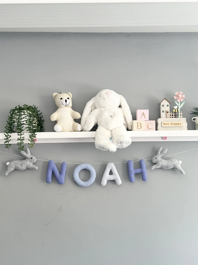Personalised Name Garland with Bunnies, child’s name banner hanging, nursery decoration, baby gift, kids bunting, playroom decor 