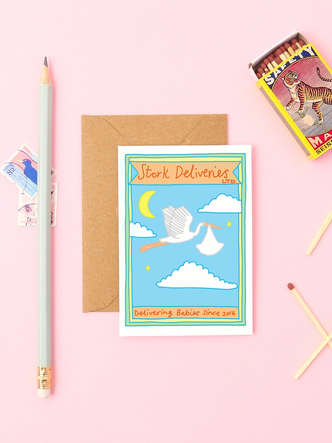 A cute new baby mini greeting card featuring a stork