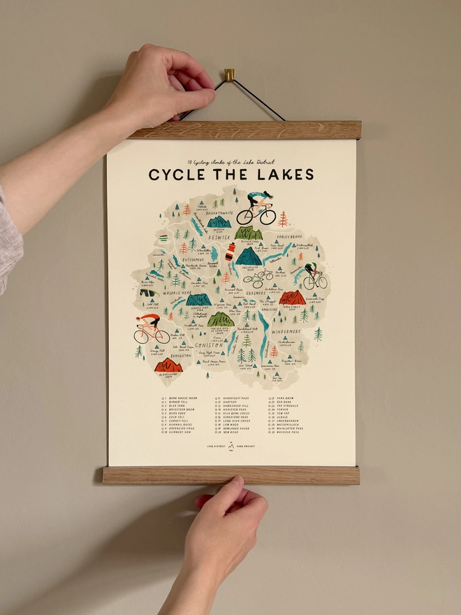 Cycle the Lakes map print framed against a wall