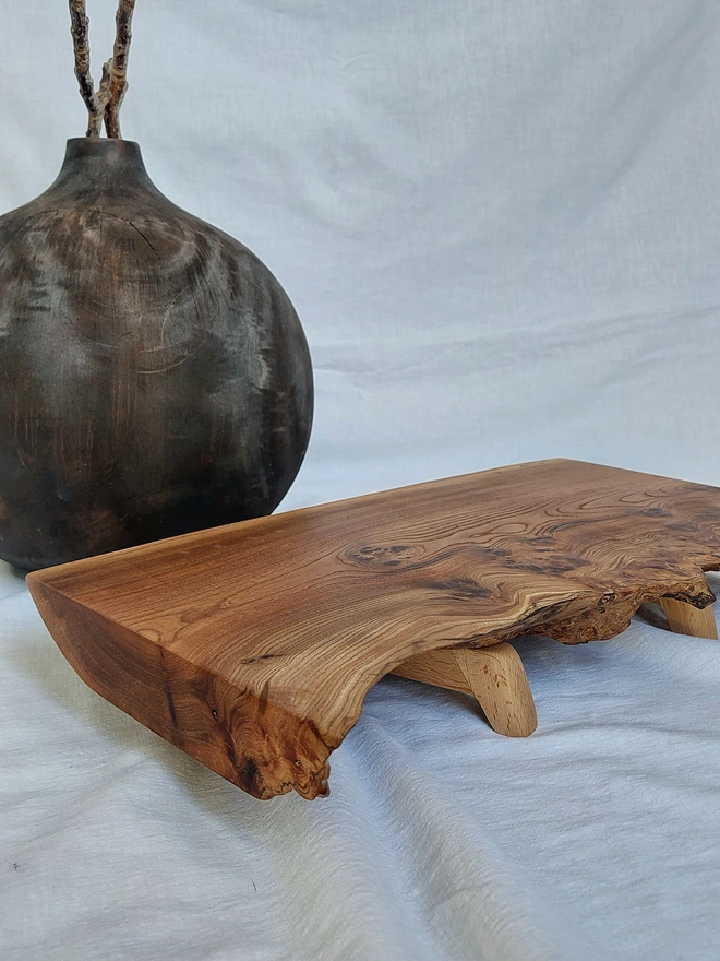 Live-Edge Elm Serving Board with Retro Birchwood Legs
