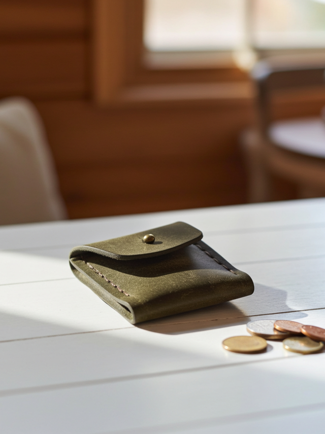 olive green leather coin purse on a white table with some coins