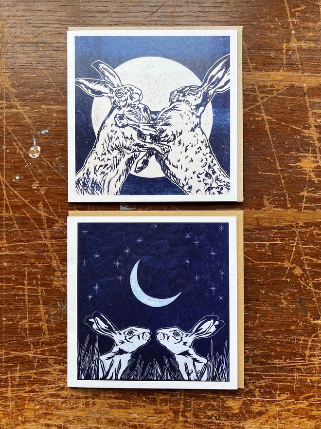 pair of hares with moons art cards