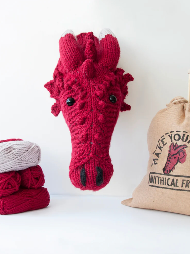 Dragon Head Knit Kit. A giant, red knitted dragon head.