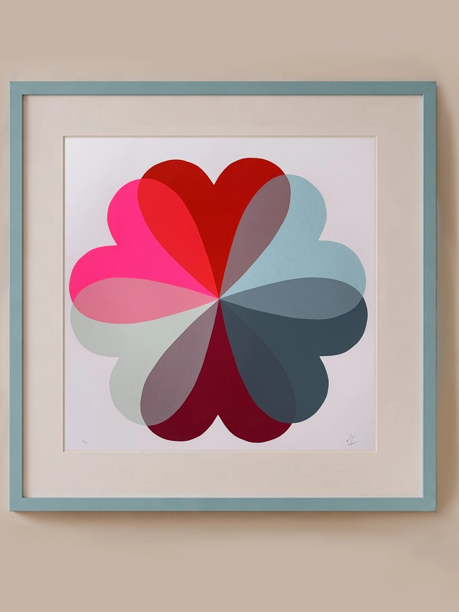 Hannah Carvell, Hearts and Flowers in reds, Burgundy and Blue, Love Hearts, Screen Printed by Hand, Limited Edition Print