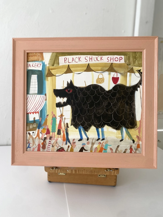 Original oil painting depicting the legendary East Anglian folklore dog, Black Shuck, crafted in a rich folk art style by Suffolk artist Samantha Barnes.
