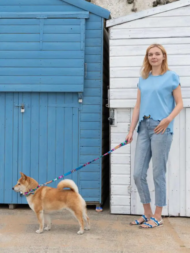 Dog on a blue dog lead stood in front of beach huts with a person wearing a blue top