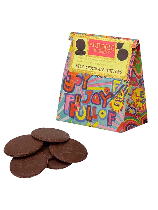 close up of colourful bag of charity full of joy milk chocolate buttons perfect for gifting & positivity