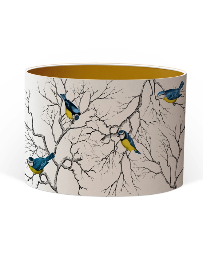 Blue Tit lampshade featuring a playful pattern of colourful British garden birds.