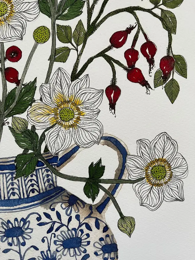'Anemones and Rose Hips' A3 Giclee Art Print