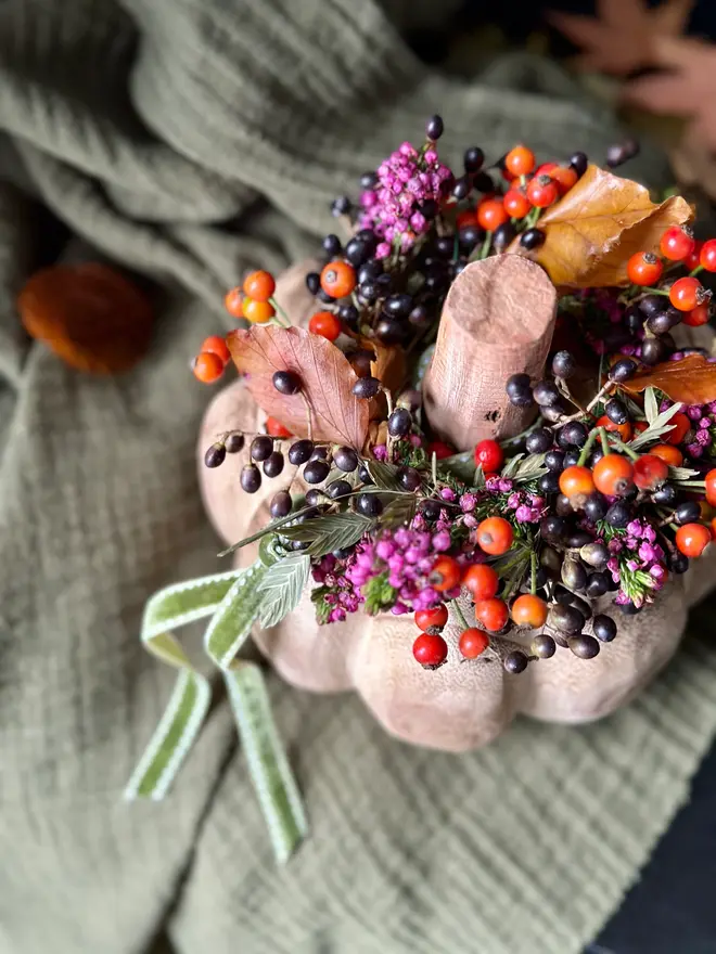 Carved Mango Wood Pumpkin with Heather and Berry Crown