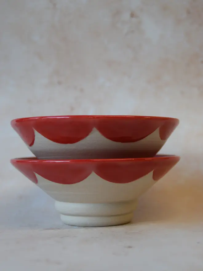 Handmade scalloped edge trinket dishes - nested pair in red and pink design