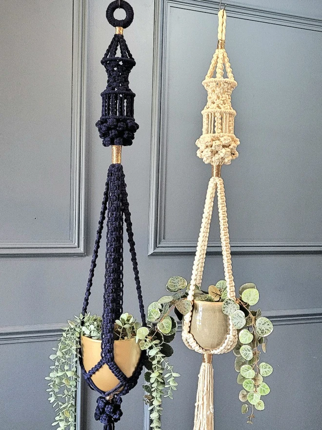 macrame chandelier plant hanger handmade luxury unique navy macrame cords gold details functioning product