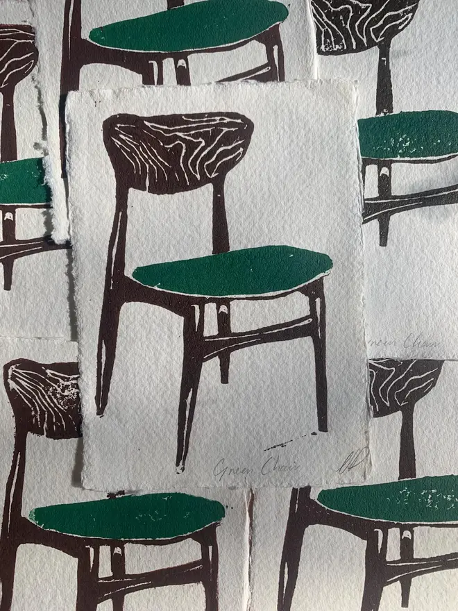 Lino Print Vintage Green Chair On Handmade Paper