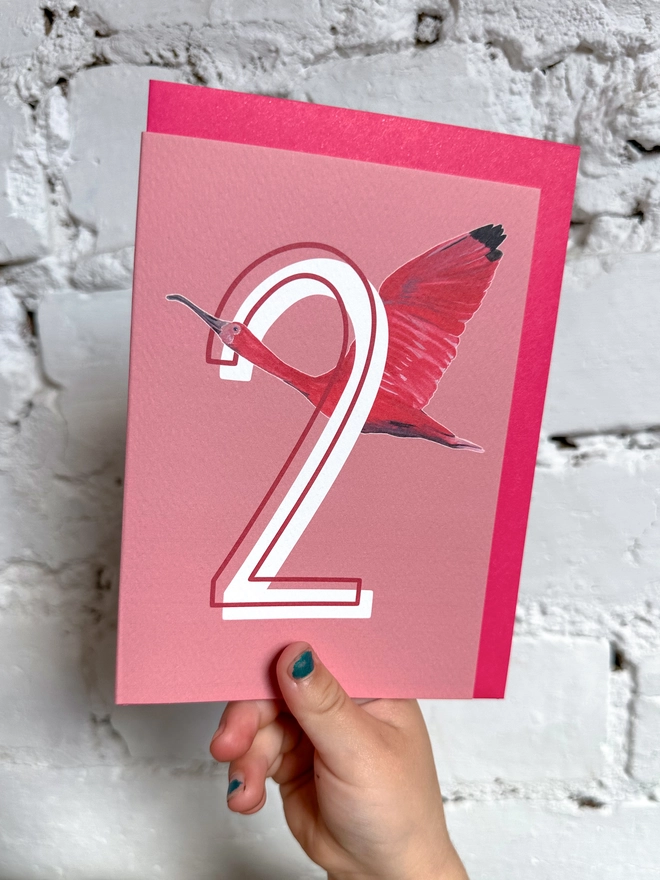 a pink card with a big white number 2 and an illustration of a scarlet ibis with a neon pink envelope