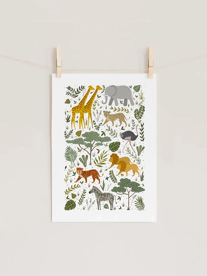 Safari animal wall print with pegs on washing line
