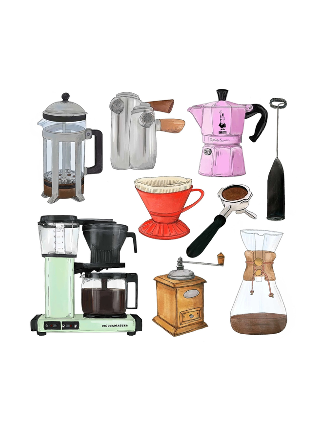 Illustrated 3D paper collage featuring a collection of hand-cut coffee maker illustration