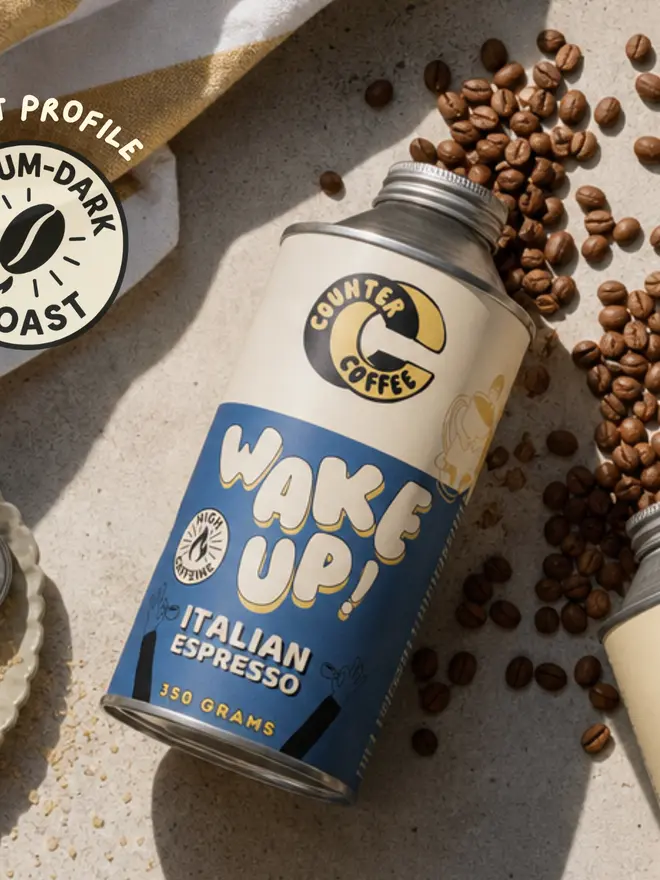 Wake Up! Espresso. A tin of espresso beans from Counter Coffee.