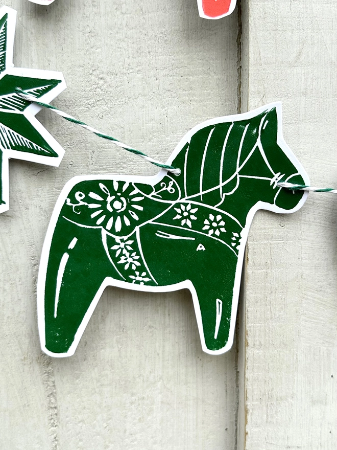 Traditional Nordic Dala Horse Christmas Linocut Garland