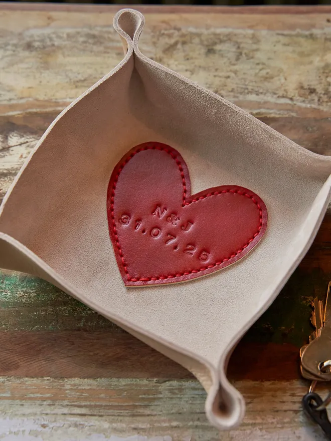 Personalised leather heart coin tray