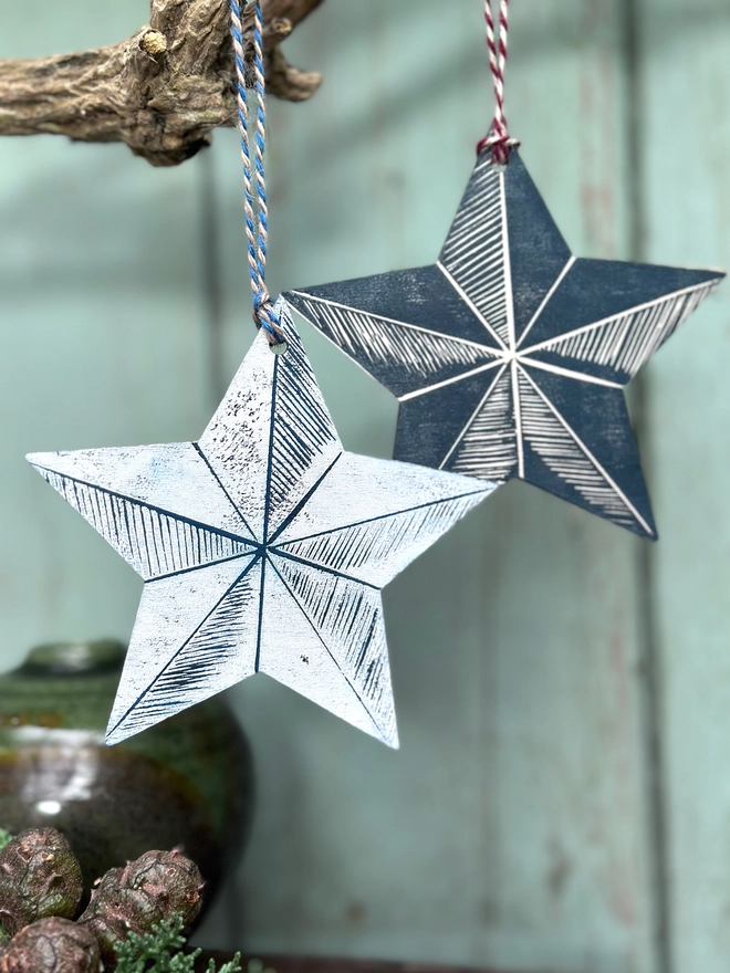 Nordic Christmas Star Wooden Decoration Hand Printed Linocut