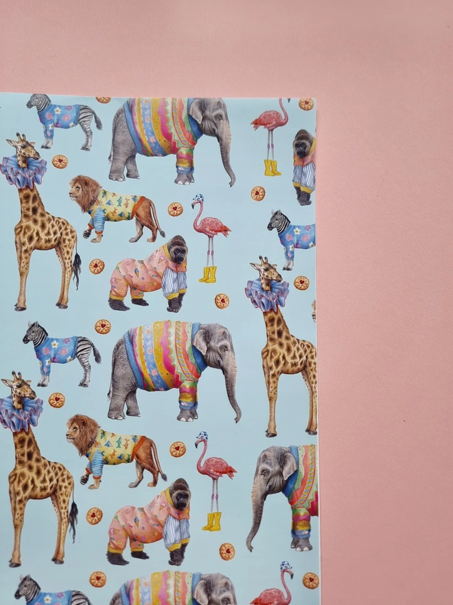 Animals wearing sweaters wrapping paper